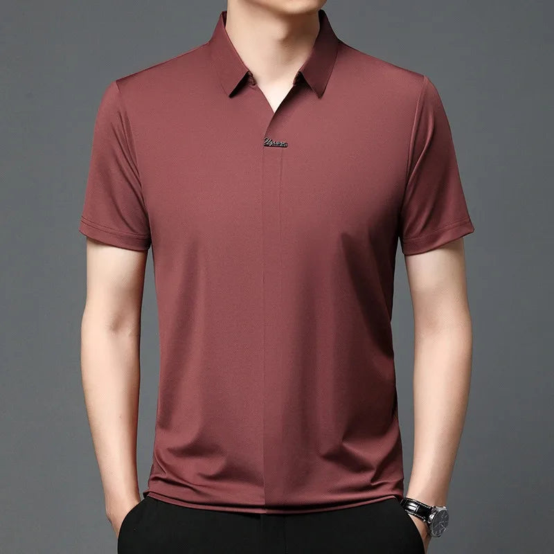 High End Mulberry Silk T-shirts Man Long Sleeve Tops Business Casual Elastic Non-iron Seamless Quality Luxurious Men Polo Shirts