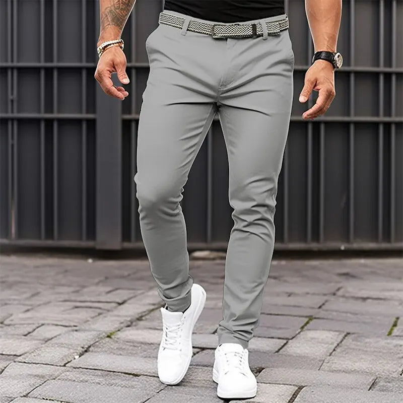 Men's Solid-color Slim-fit Pants with Front Pockets and Zippers for Business Casual Wear with Tapered Bottom Pants Men
