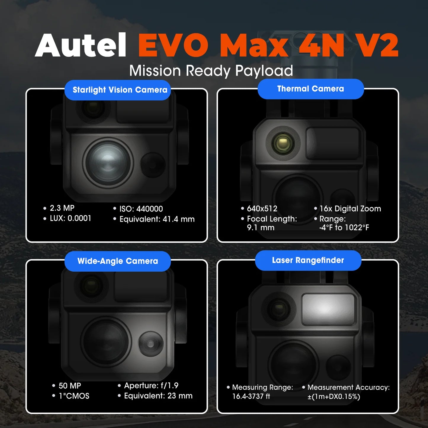Autel Robotics EVO Max 4N V2, 4-in-1 Night Vision &Thermal Imaging Drone with 8K Professional GPS 25KM,Long Transmission Range