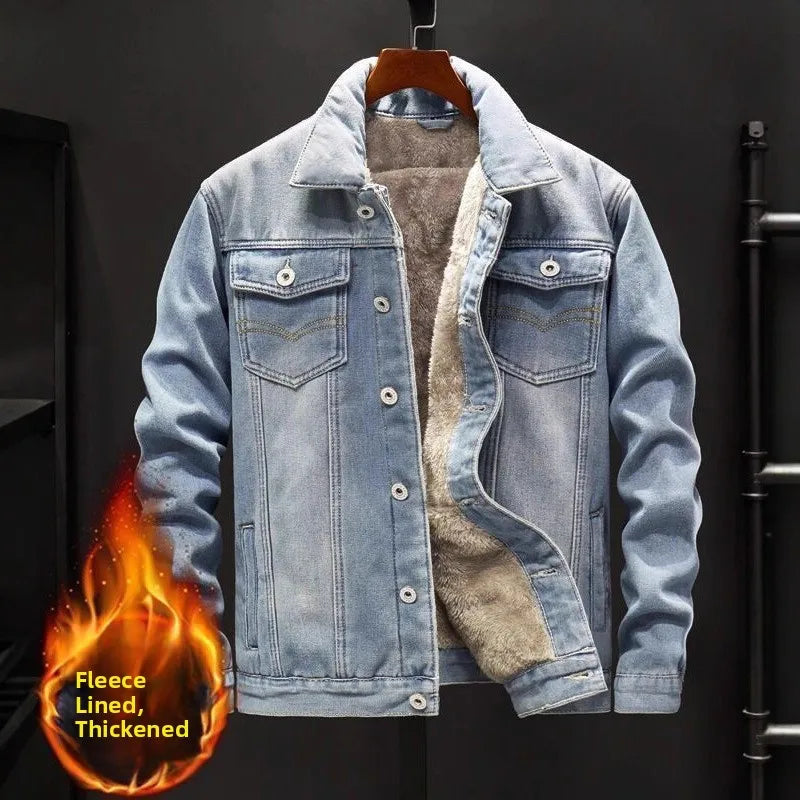 Men's Denim Cotton Jaet Fce Lined Thi Warm Outerwear Korean Sle Versatile Student Jaet Top Trendy Autumn Winter Coat