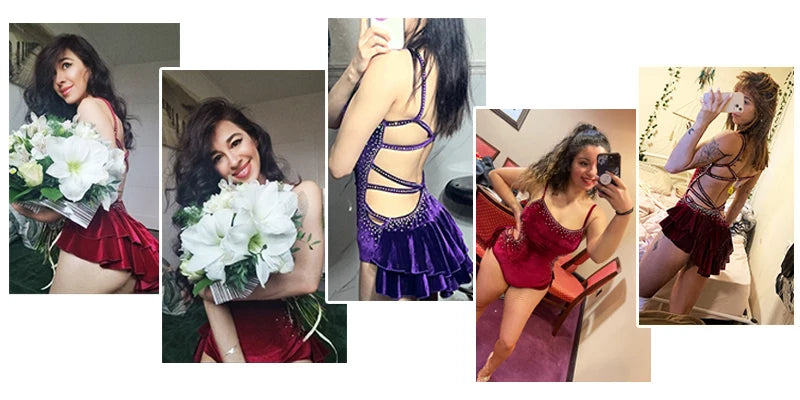 Pole Dancing Latin Dance Dress Steel Pipe Girl Costumes Skirt Performing Dress Adult Customize Children Stretch Velvet Wine  Red