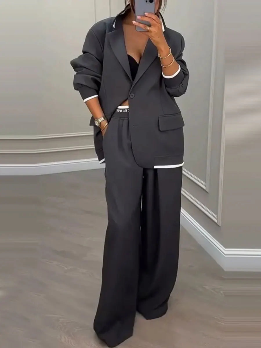 Temperament Women's Pants Suit Loose Solid Color Autumn Winter Commuting Long-sleeved Lapel Top Wide-leg Trousers Two-piece Set