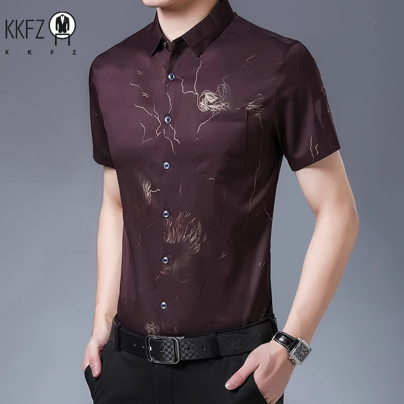New Men's Casual Printed Short Sleeved Lapel Shirt for Summer Fashion Comfort No Ironing Wrinkle Resistant Top