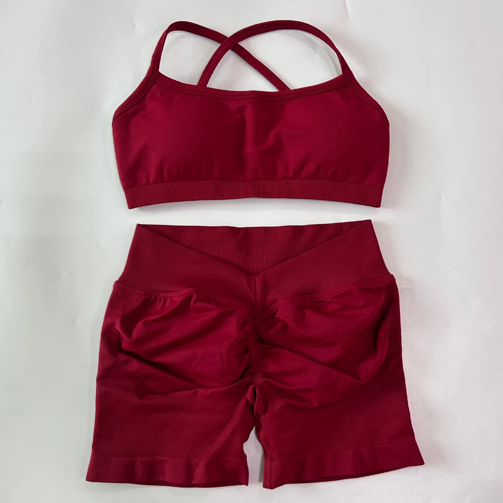 2 Pieces Set For Woman Clothes Seamless Scrunch Yoga Shorts Set Backless ktp Sports Bra Fitness Workout Top Gym Set Outfits
