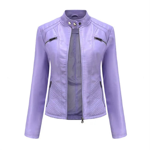 2026 New Lavender Purple Women's Long Sleeve PU Jacket, Fashion Motorcycle Leather Jackets, Red Coat, Black Outerwear.