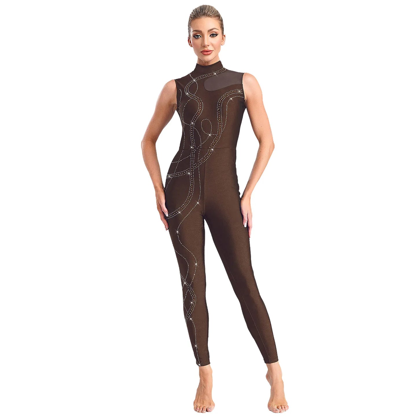 Womens Rhythmic Gymnastics Artistic Figure Skating Dance Costume Shiny Rhinestones Ballet Dance Unitards Jumpsuit Full Bodysuit