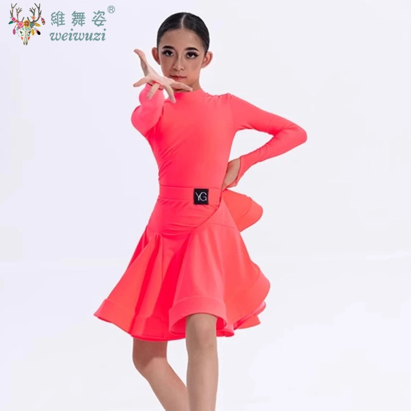 Girls Latin Dance Competition Clothing Glossy Fabric Long Sleeves Dance Dress Kids Cha Rumba Dance Practice Training Wear