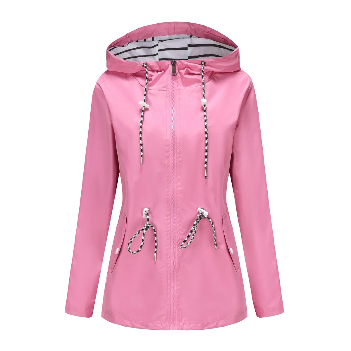 Red Waterproof Hooded Jacket, Women Fashion Casual Coat, Waist Drawstring Tie Zipper Switch Blue Green Yellow Black Windbreaker