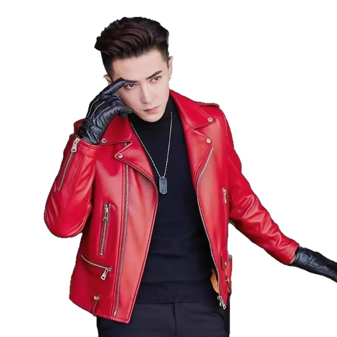 Men's Slim Fit PU Leather Jacket Fashionable Motorcycle Style Spring Autumn Korean Version Casual Outerwear Male Biker Coat