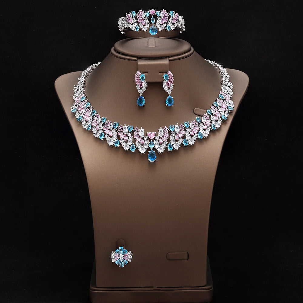 Luxury 4 Pieces Necklace Earrings Set Big Colorful CZ Zircon Wedding Bridal Jewelry Set Dubai Women Gift