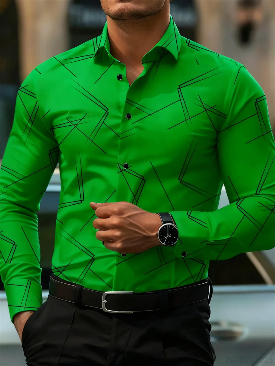 Men's trendy geometric line print long-sleeved shirt Business casual fashion design slim fit non-iron versatile ins style shirt