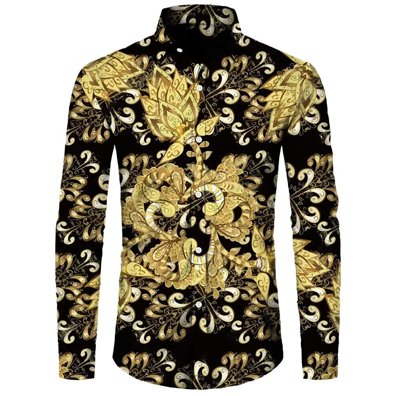 2024 New Luxury Golden Flower Chain 3D Print Men Long Sleeve Shirt Casual Mens Designer Clothing Streetwear Lapel Button Shirts