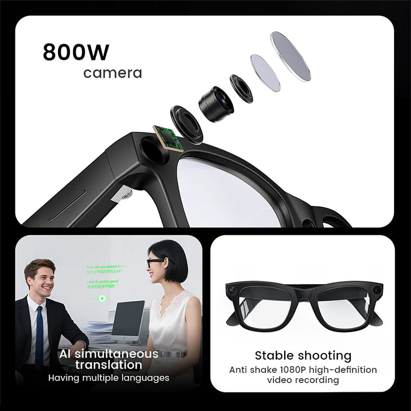 AI Smart Glasses 800W HD Camera 32 Million Interpolation Real-Time Translation AI Voice Assistant LED Flashlight  Music
