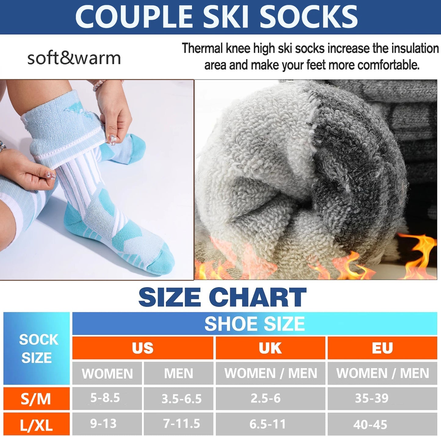 YANBIGUO 2 Pairs Thicken Ski Socks,Thermal Warm Winter Knee-High Snowboarding Skiing Sock for Hiking,Cycling,Snow,Snowboarding