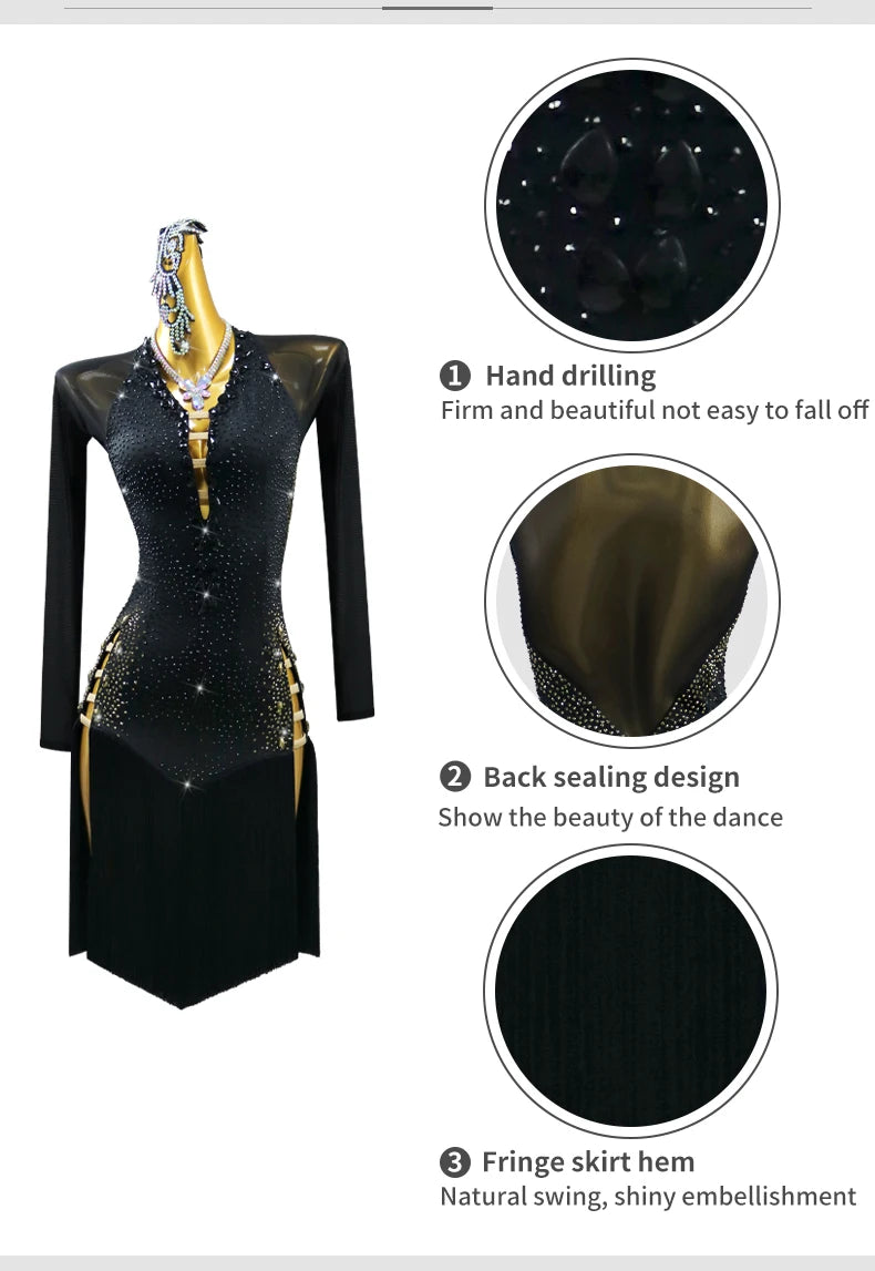 Black Latin Dance Dress Stage Clothes Women Costume Outfit Sport Line Wear Girls Prom Skirt Party Evening Female Suit Customized