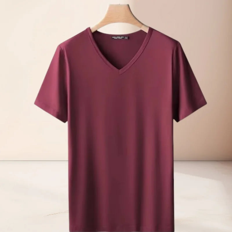 2025 men's short sleeved T-shirt loose and breathable plus size T-shirt top summer thin solid color V-neck home clothing base s