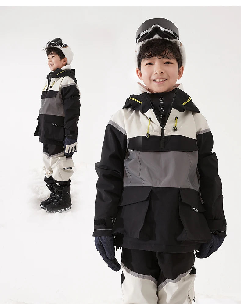 VECTOR Ski Wear Children Hooded Sweater Reflective Boys and Girls Ski Wear Thickened Warmth Waterproof Ski Equipment Ski Jacket