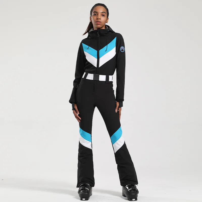 Women One Piece Ski Suit Winter Snowboard Jumpsuit Waterproof Windproof Thicken Hooded Outdoor Sport Wear for Mountain Hiking