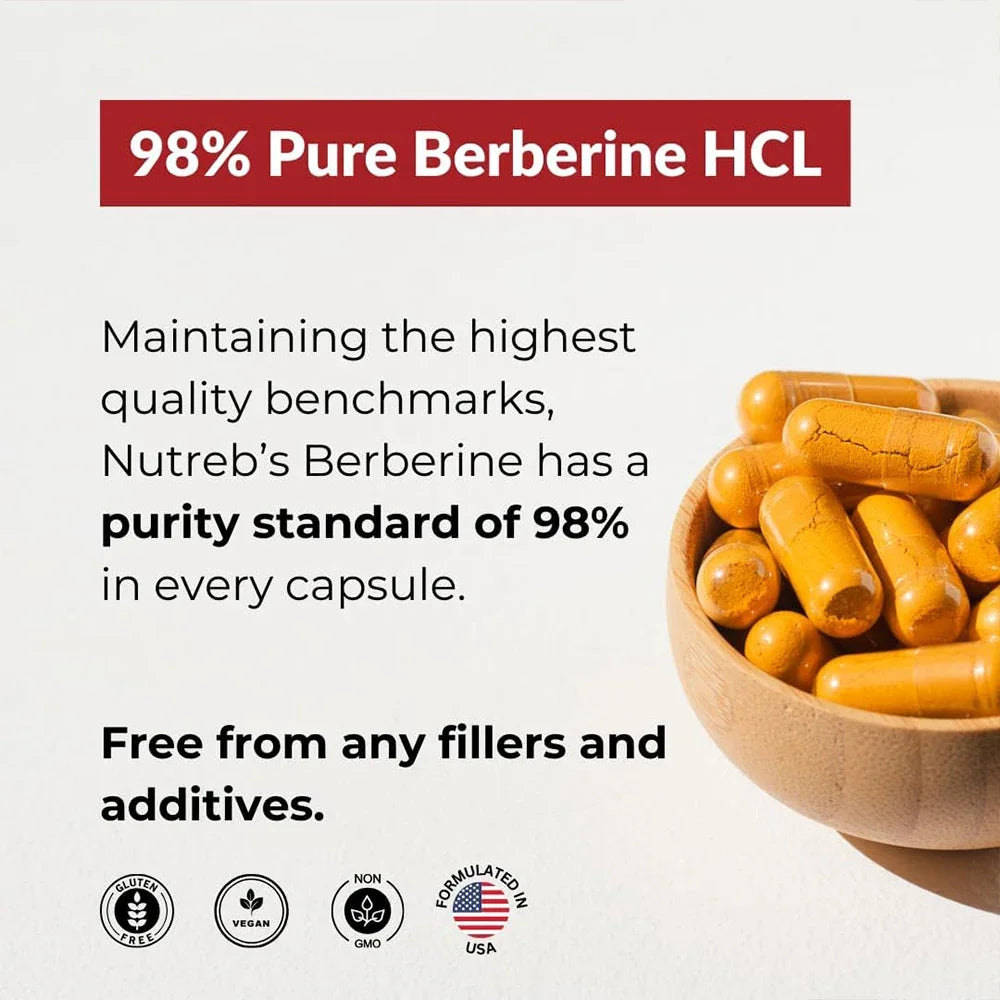 Berberine HCl Supplement - for Metabolism & Cholesterol, Weight Management, GI & Immunity Vegetarian, Gluten-Free
