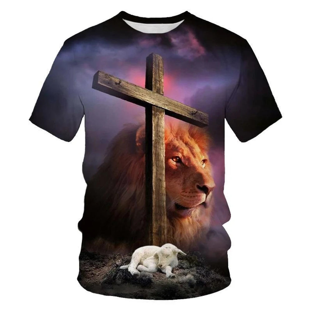 Summer fashion creative design cross lion 3D printing personalized Christian art T-shirt