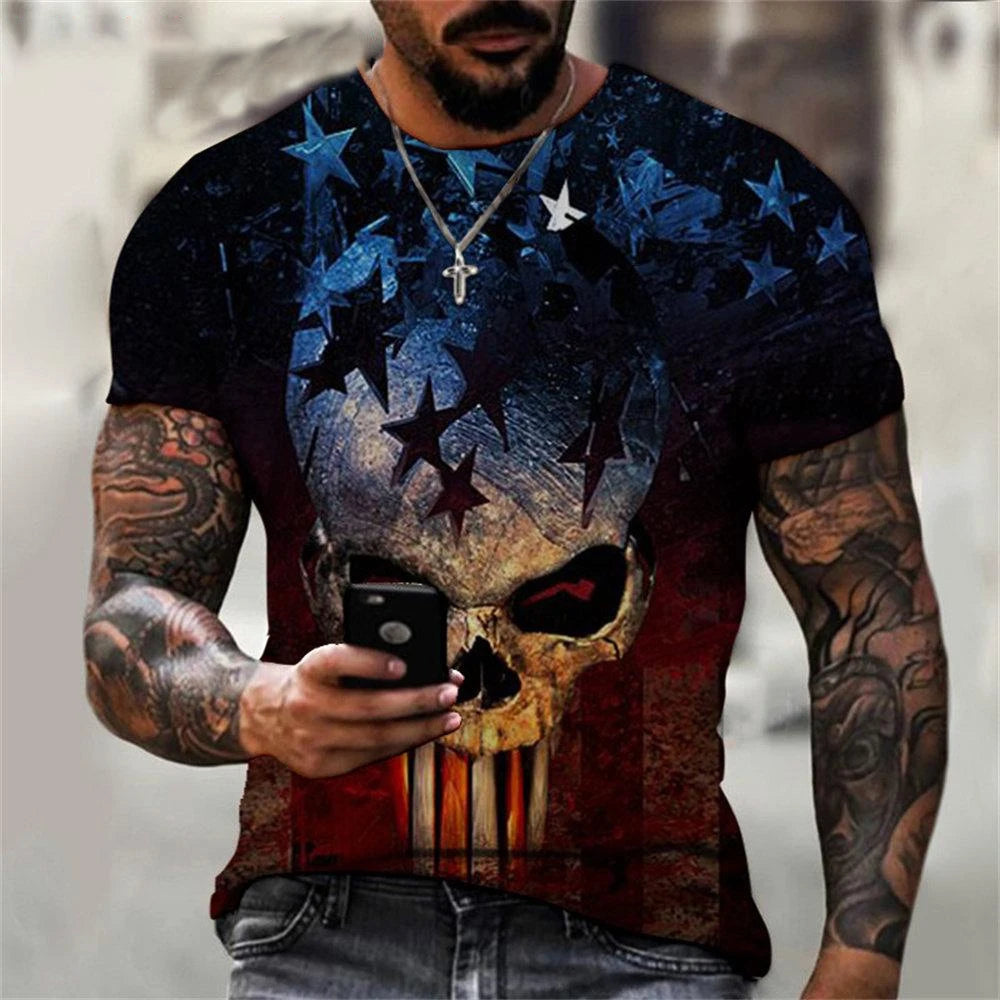 Summer Fashion Retro Skull 3D Printed T-shirt Hip Hop Personality Super Cool Horror Casual T-shirt