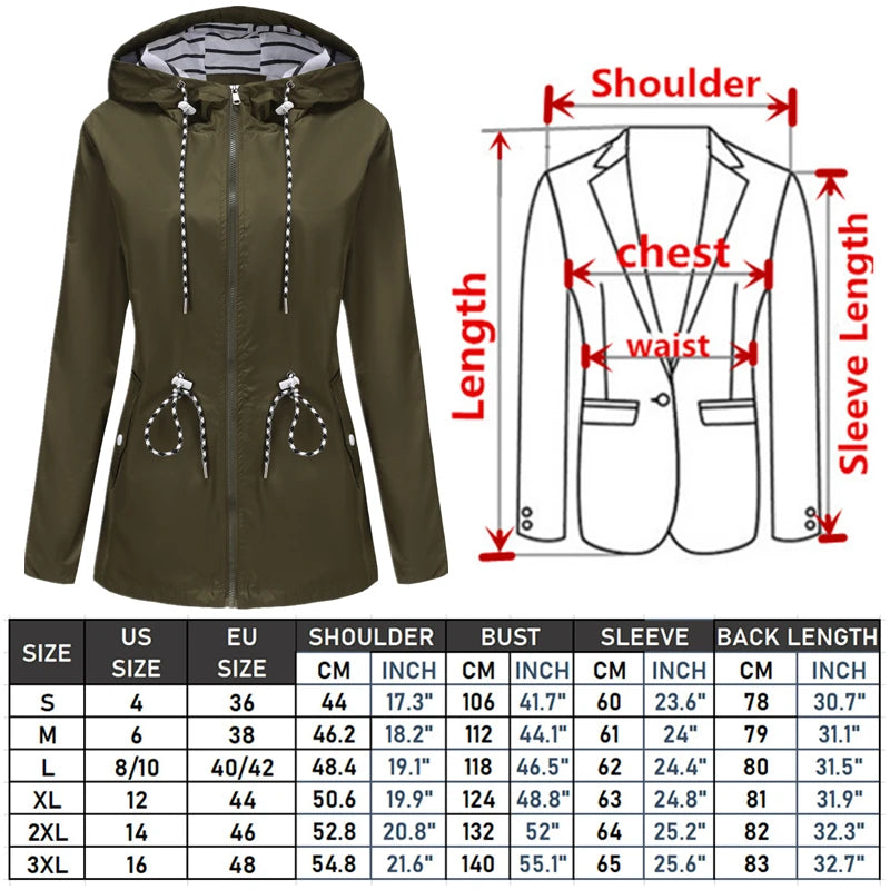 Red Waterproof Hooded Jacket, Women Fashion Casual Coat, Waist Drawstring Tie Zipper Switch Blue Green Yellow Black Windbreaker