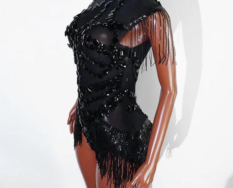 Sexy Mesh Sheer Black Rhinestone rhinestone Bodysuit Singer Dancer Show Stage Outfit Celebrate Party Night Club Performance Waer