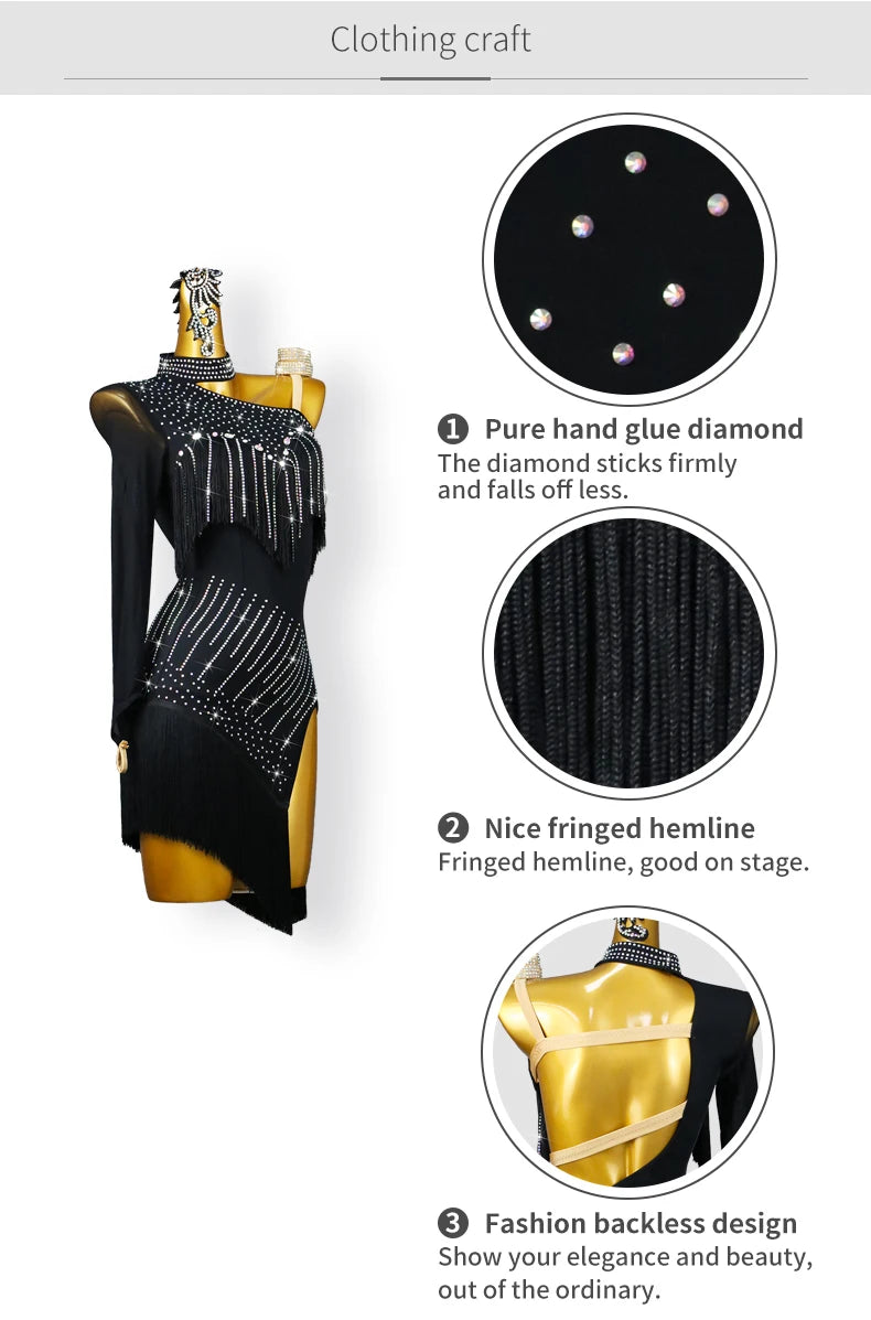 New Black Latin Dance Fringe Dresses Sexy Adult Women Competition Costume Ballroom Skirt Salsa Samba Party Stage Wear Customized