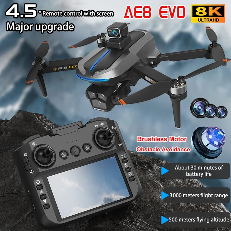 AE8 EVO GPS Drone 4K Professional HD Dual Camera With Screen 5G WIFI 360°Obstacle Avoidance Brushless Rc Quadcopter FPV Drones