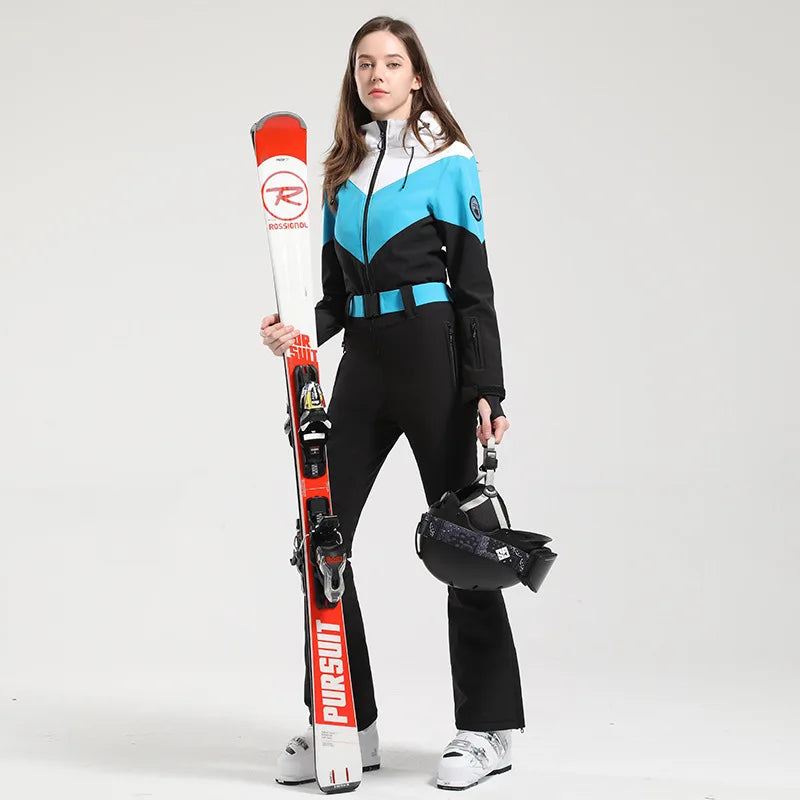 Women One Piece Ski Suit Winter Snowboard Jumpsuit Waterproof Windproof Thicken Hooded Outdoor Sport Wear for Mountain Hiking