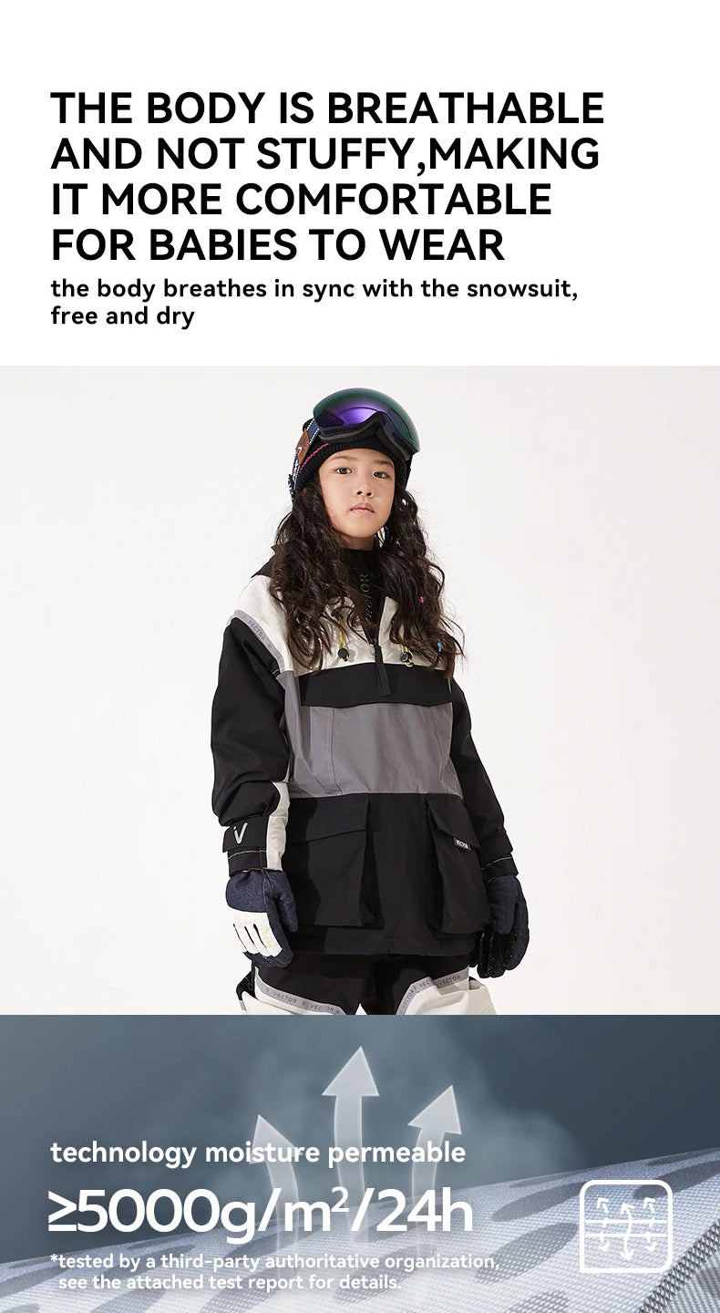 VECTOR Ski Wear Children Hooded Sweater Reflective Boys and Girls Ski Wear Thickened Warmth Waterproof Ski Equipment Ski Jacket