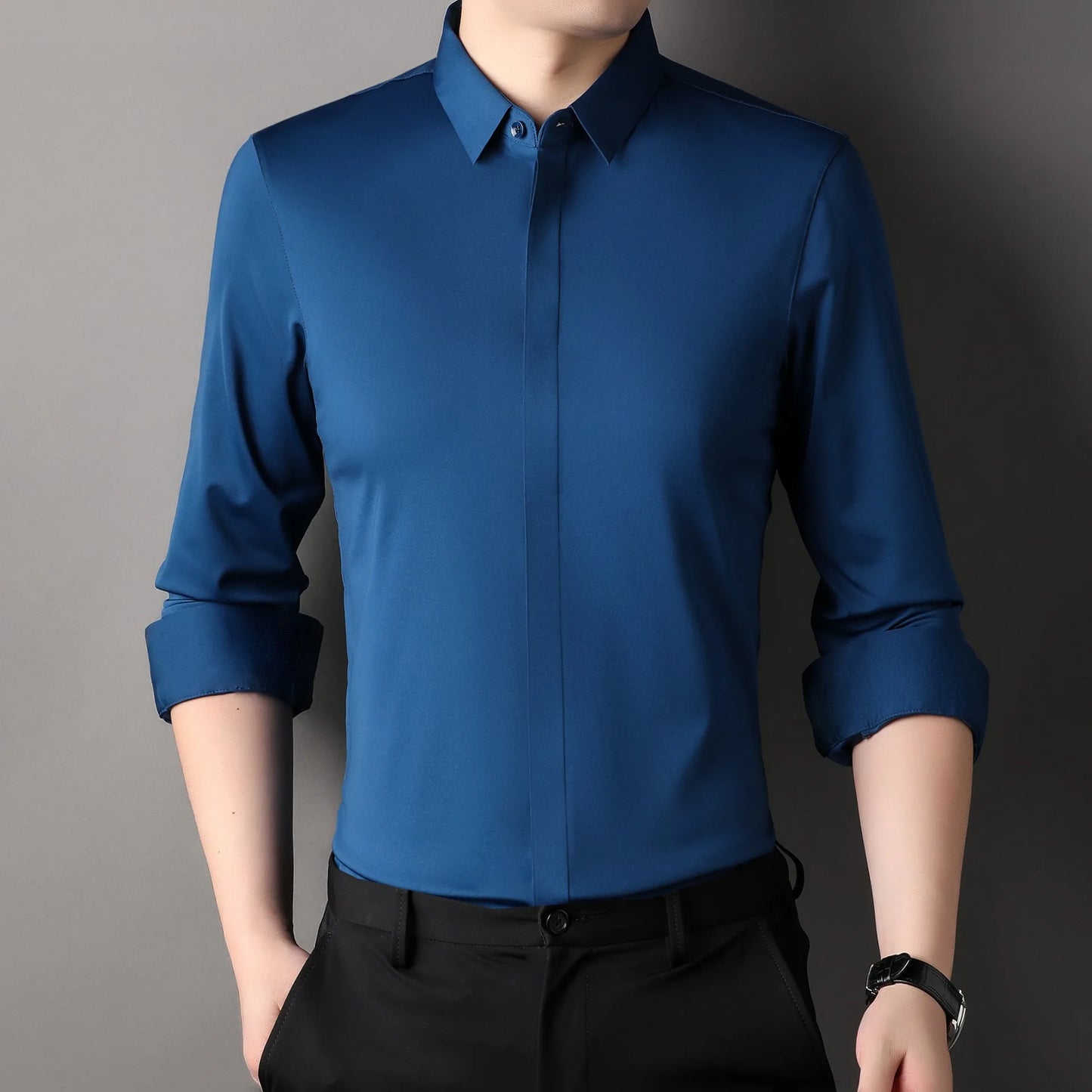 High end Mulberry Silk Dress Shirts Business Men Wrinkle Resistant Button Invisible Elastic Tops Luxurious Male Quality Clothing