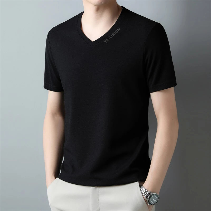 New Men's Casual and Fashionable V-neck Solid Color Short Sleeved T-shirt Breathable and Comfortable Summer Versatile Top
