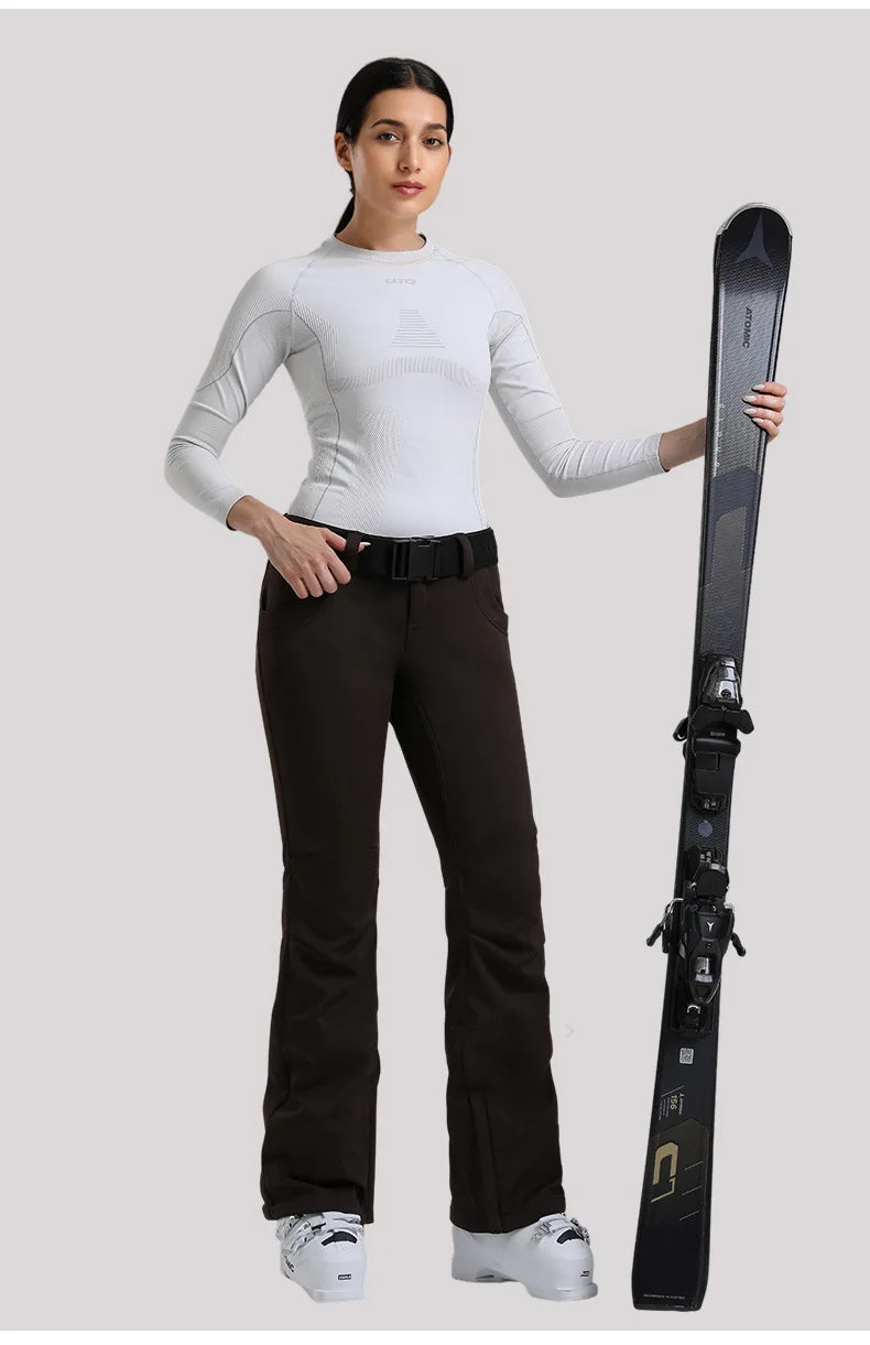 New Women's Ski Pants Stretch Slim-fit Dual-layer Insulated Professional Windproof Waterproof Breathable Solid Color Ski Pants