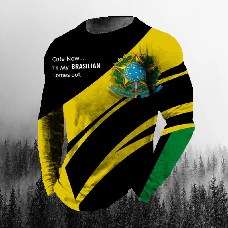 Vintage Brazilian Flag 3D Print Autumn Men's O-Neck T-shirt Casual Long Sleeve Oversized T Shirt Fashion Pullover Men Clothing