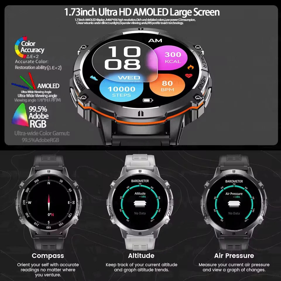 New Outdoor 1000mAh Battery Men Adult Smart Watch GPS Compass Altimeter 10ATM Waterproof Heart Rate BT Call Sport Man Smartwatch