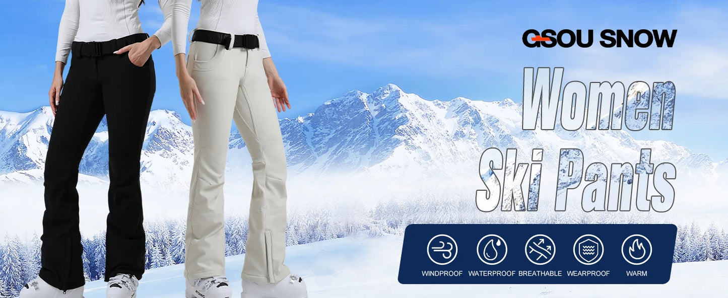 New Women's Ski Pants Stretch Slim-fit Dual-layer Insulated Professional Windproof Waterproof Breathable Solid Color Ski Pants