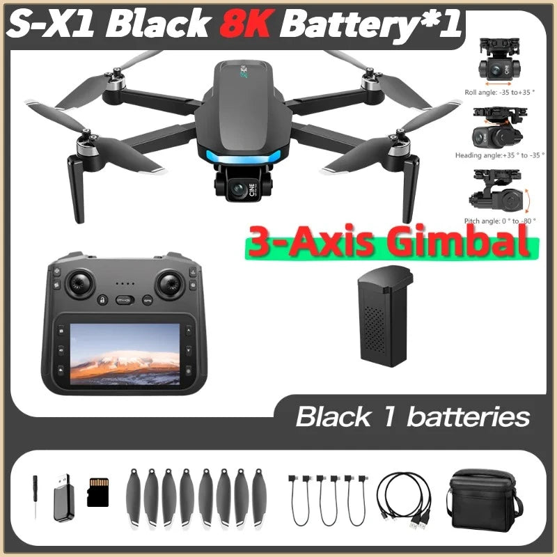 S-X1 MAX GPS Drone 4K Camera 3-Axis Gimbal EIS 5KM Digital Transmission Brushless Motor Quadcopter with 4.5" Screen Remote 231g