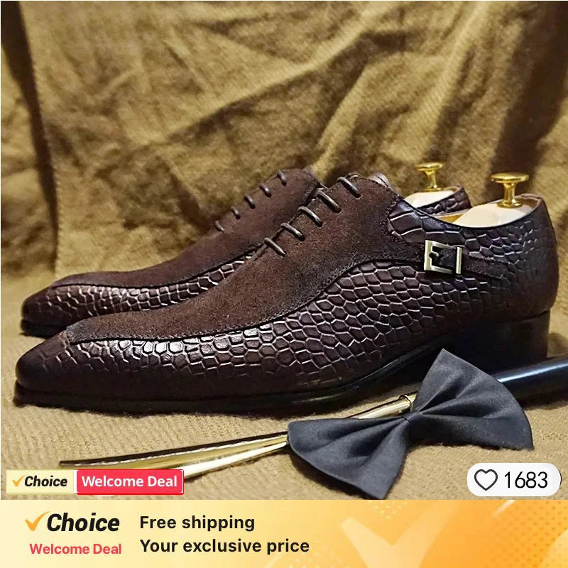 Mens Handmade Leather Dress Shoes Business Crocodile Pattern Oxford Formal Lace-Up Comfortable NonSlip Breathable Office Wedding
