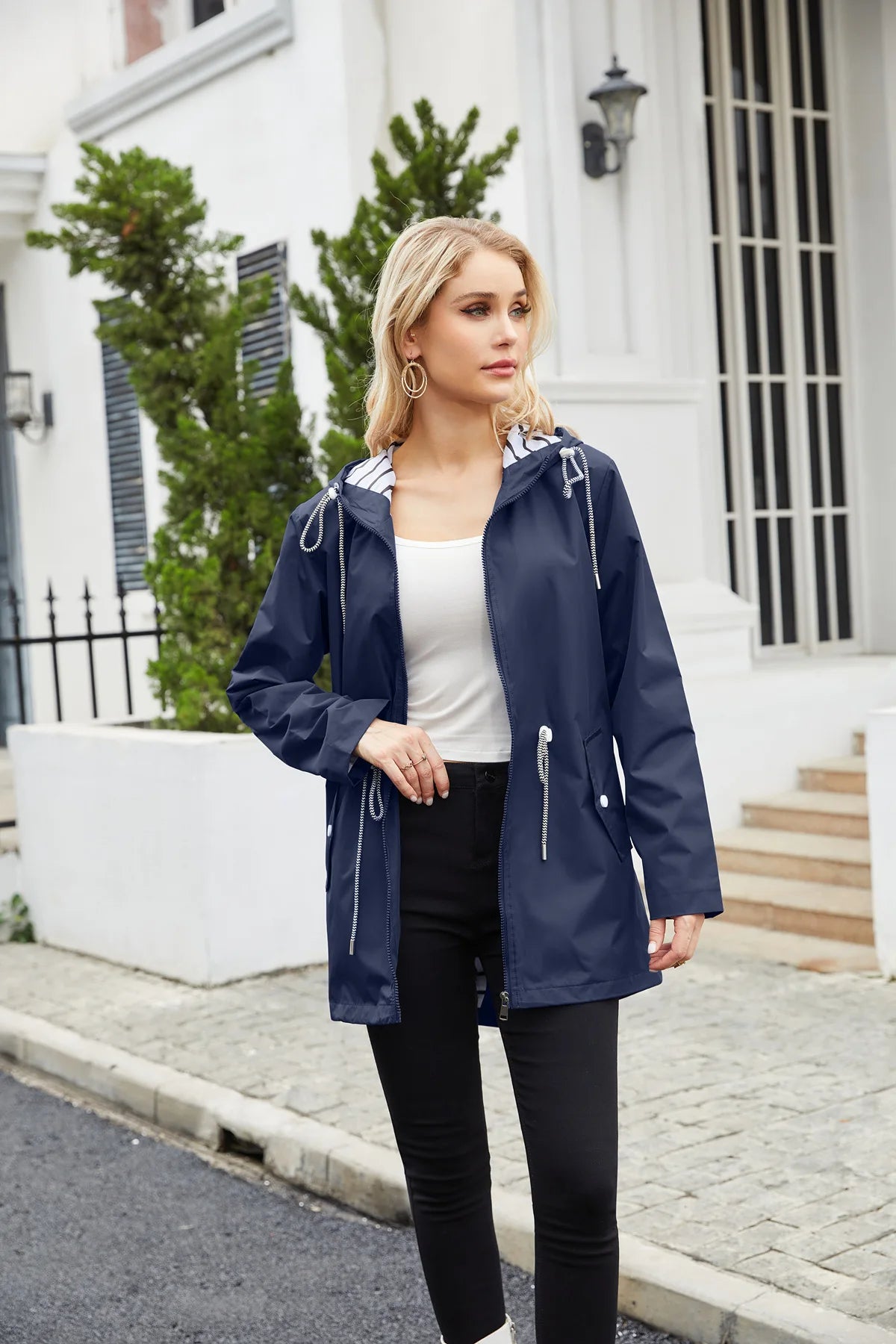 Red Waterproof Hooded Jacket, Women Fashion Casual Coat, Waist Drawstring Tie Zipper Switch Blue Green Yellow Black Windbreaker