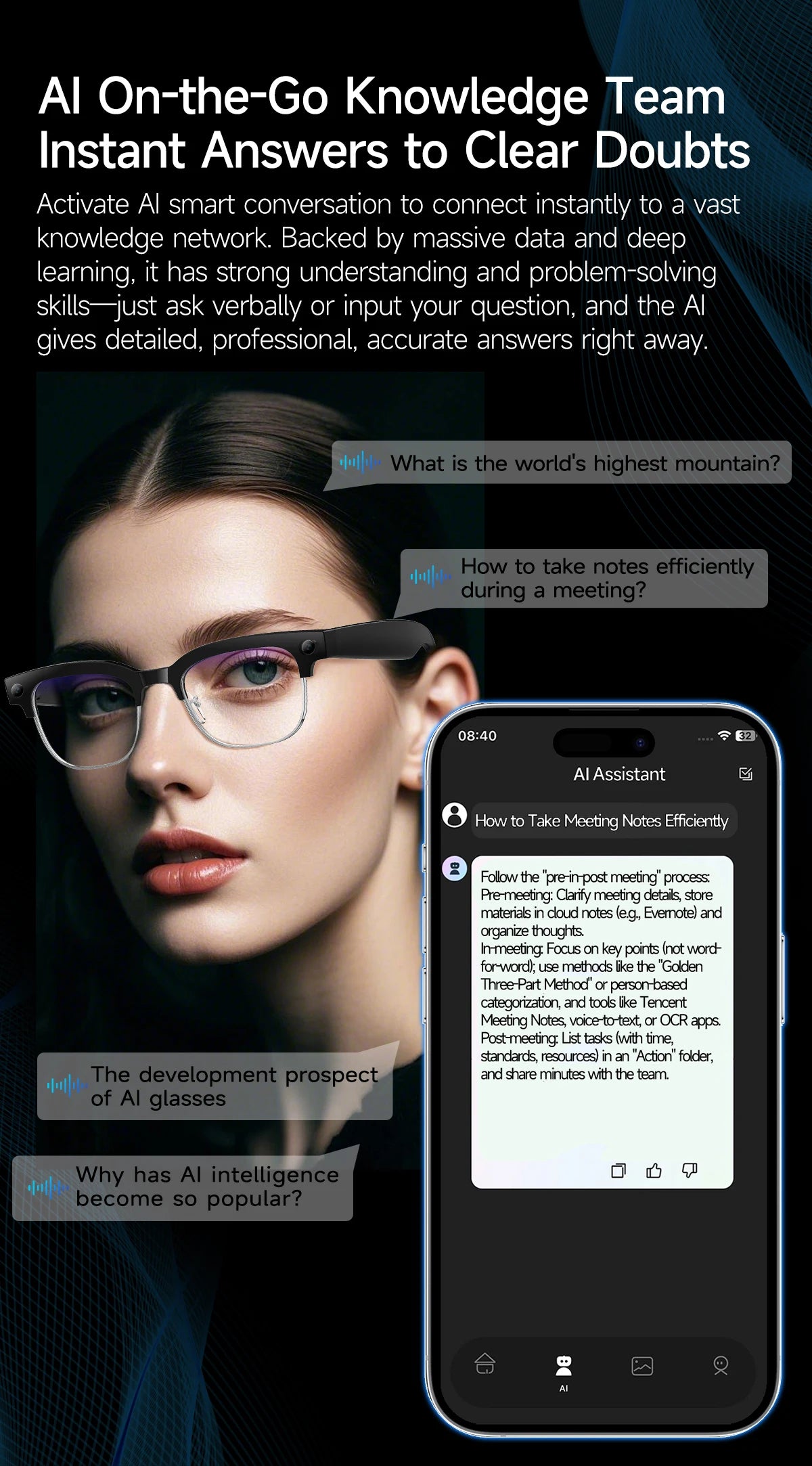 New 1080P Anti-shake Video Recording 800W HD Smart Glasses Men 100+Language Translation WIFI Transmission Call AI Chat Glasses