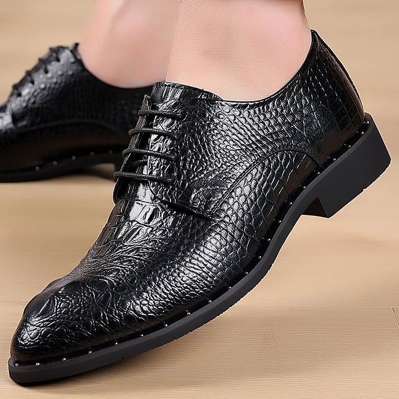 Men's Lace-Up Retro British-Style Casual Shoe Crocodile-Patterned Pointed Toe Formal Shoe Comfortable And Breathable Party Shoes