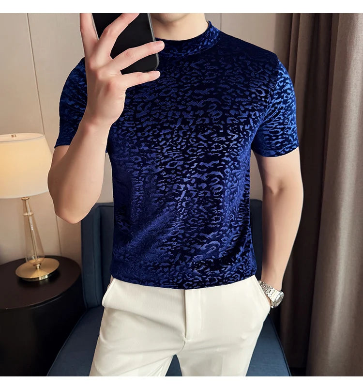 Men's T-Shirts Korean Fashion Gold Velvet Short Sleeve Mens Casual T Shirt Slim Fit Breathable Turtleneck Tee Shirt Homme 4XL-M