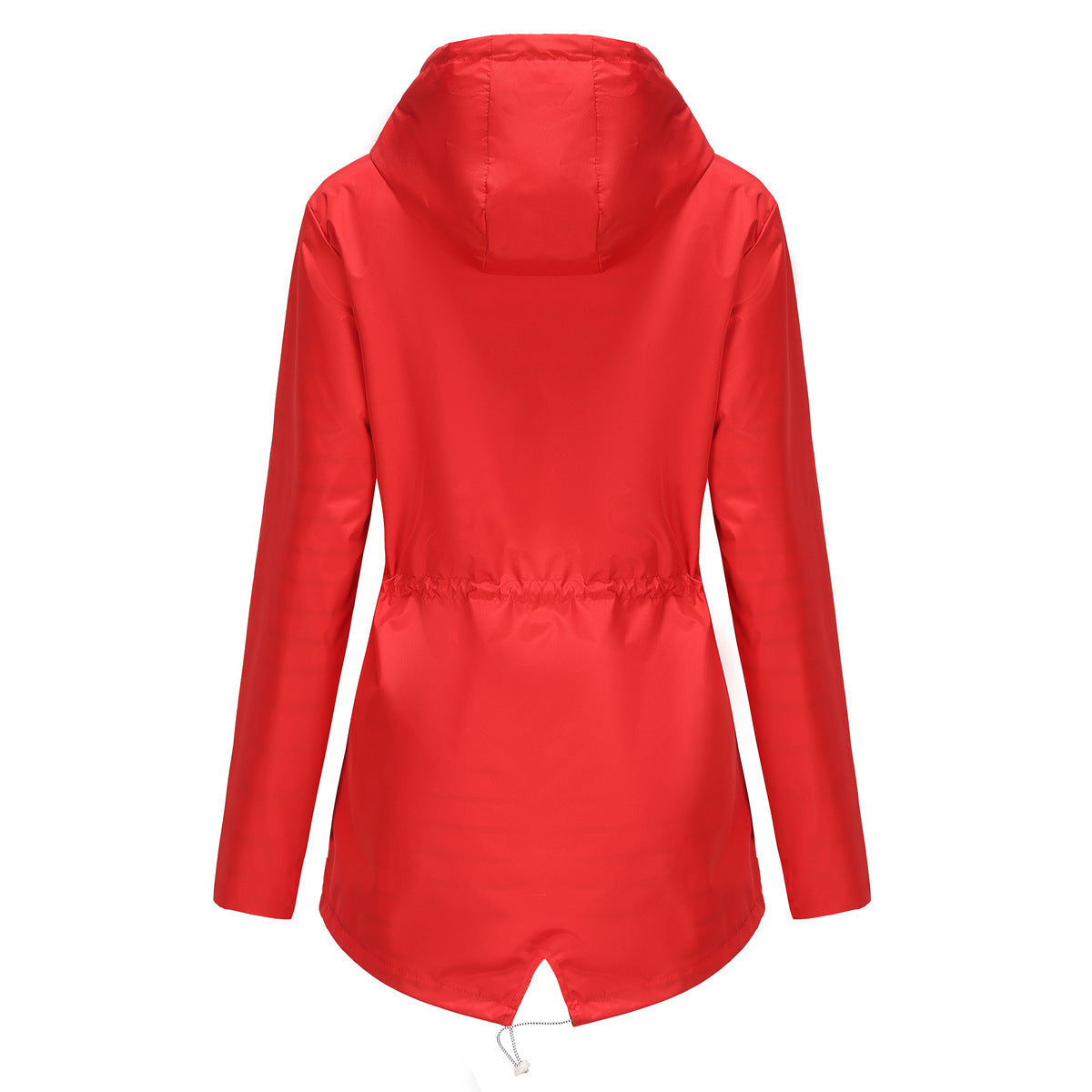 Red Waterproof Hooded Jacket, Women Fashion Casual Coat, Waist Drawstring Tie Zipper Switch Blue Green Yellow Black Windbreaker