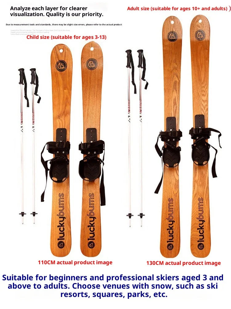 Natural Ash Wood Twin Tip Alpine Skis Adults Kids Vintage Wooden Skis Stylish High Quality Display Ready Snow Snowboard