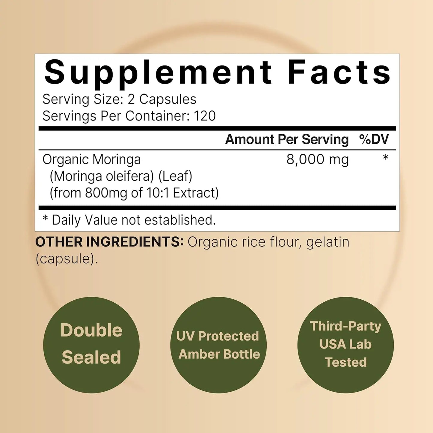 Moringa Capsules 8000mg Per Serving, 120 Capsules || 4 Month Supply, Made With Moringa Powder Organic || Green Superf
