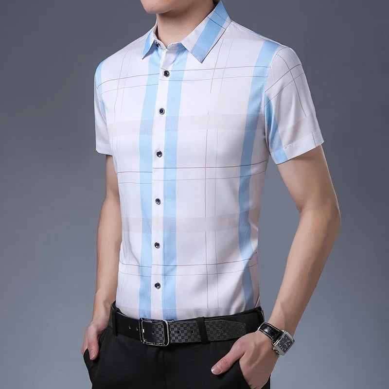 New Men's Casual Printed Short Sleeved Lapel Shirt for Summer Fashion Comfort No Ironing Wrinkle Resistant Top