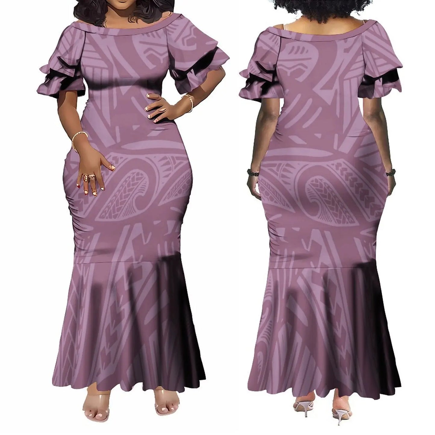 Factory Wholesale Custom Boat Neck Double Flare Sleeve Long Fishtail Ladies Dress Women Elegant Mermaid Evening Party Dress