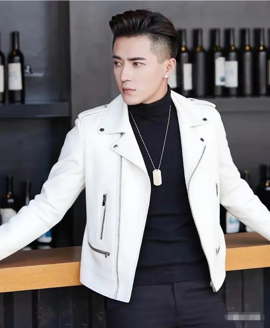 Men's Slim Fit PU Leather Jacket Fashionable Motorcycle Style Spring Autumn Korean Version Casual Outerwear Male Biker Coat