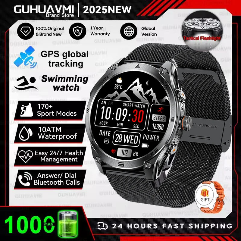 2026 New Military Smart Watch 1000Mah Battery GPS Compass 10ATM Waterproof Tactics Sports Flashlight BT call Smart Watch For Men